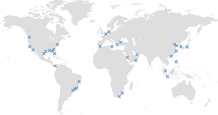 World map illustration of OceanX service locations covering 7 continents and 20000+ contacts