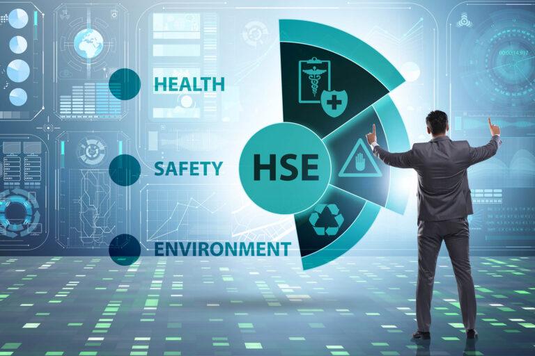 HSE concept for health safety environment with the businessman. Digital looking light background and safety related icons.